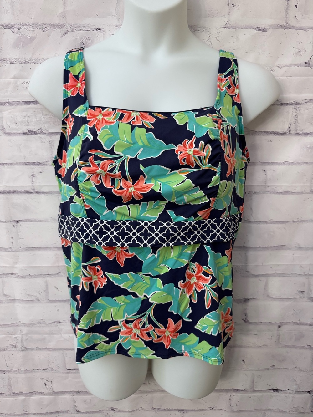 Lands' End 18W Mastectomy Tankini Top Blue Green Floral Swimsuit Modest